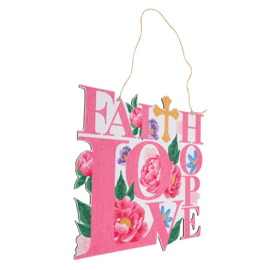 "Faith, Love, Hope" Crystal Art Wooden Hanging Decoration