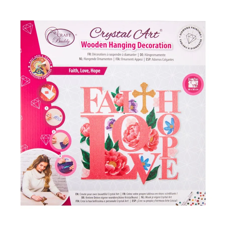 "Faith, Love, Hope" Crystal Art Wooden Hanging Decoration