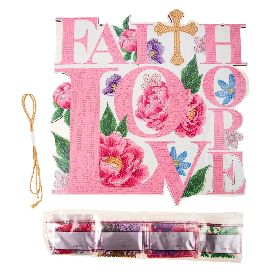 "Faith, Love, Hope" Crystal Art Wooden Hanging Decoration