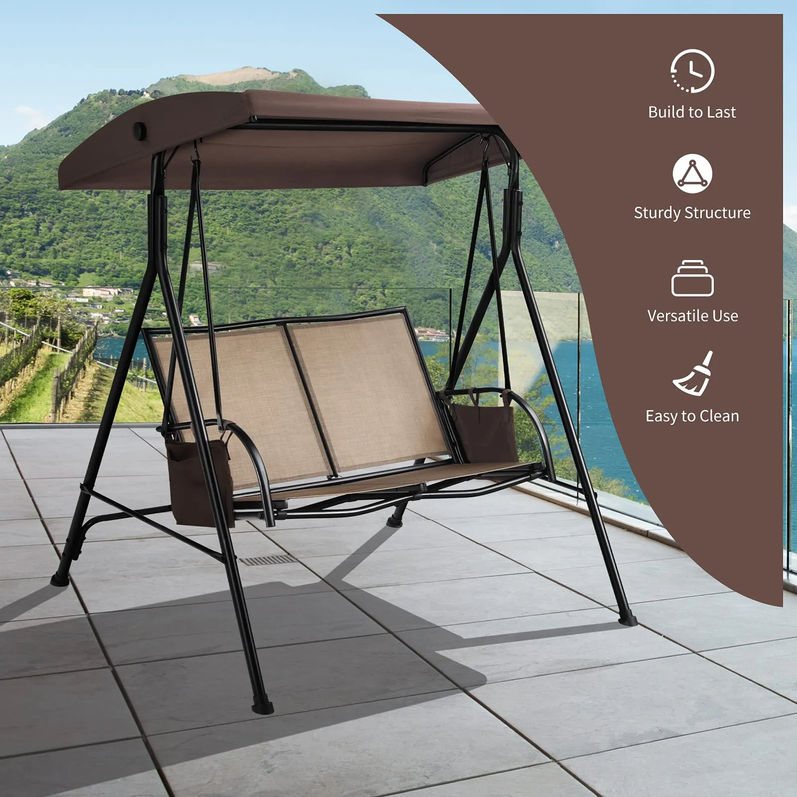 Tangkula 2-Person Patio Swing, Outdoor Porch Swing with Adjustable Canopy & 2 Storage Pocket