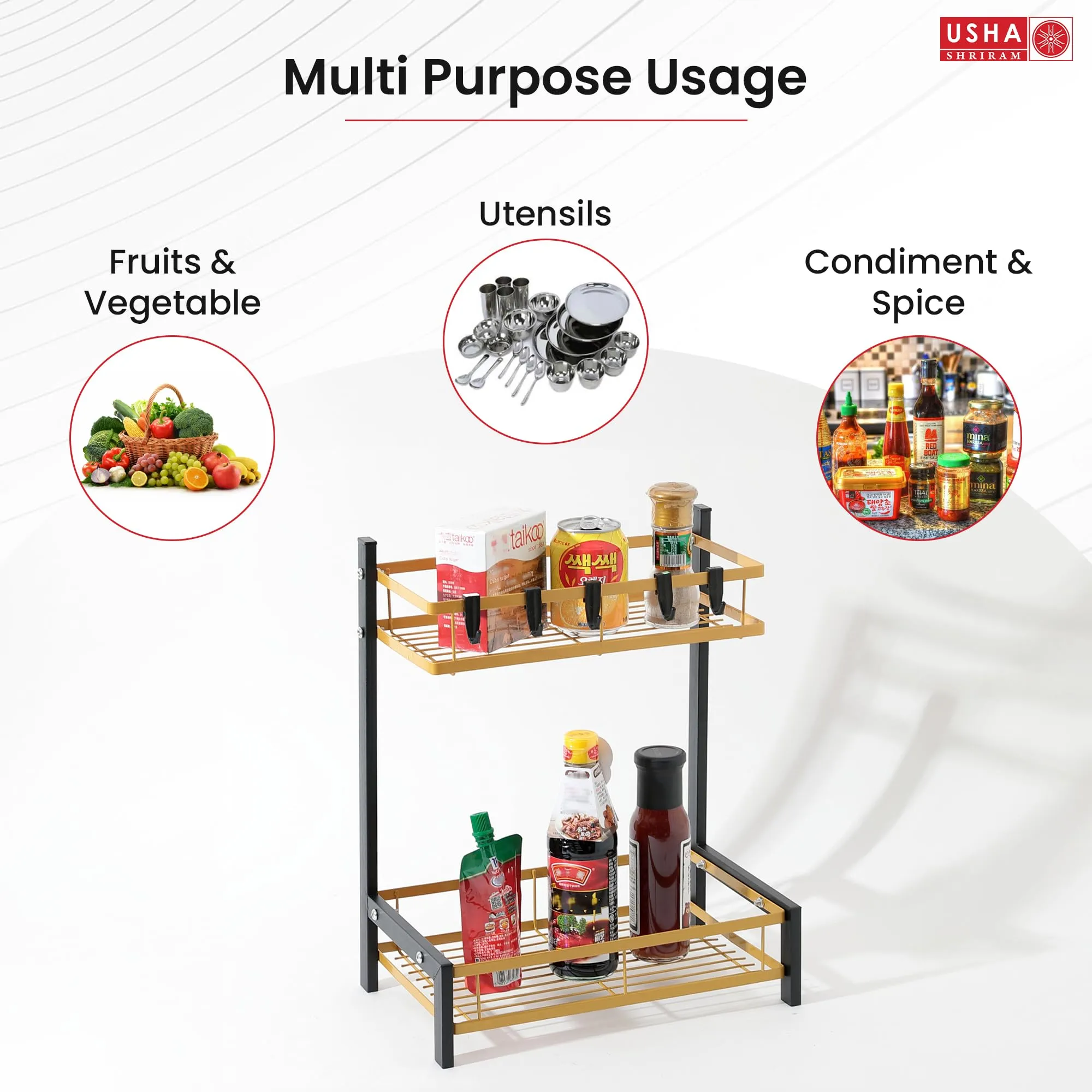 USHA SHRIRAM 2 Layer Carbon Steel Oil Bottle Holder For Kitchen With Spoon Holder |360 Rotation | Wine Whiskey Bottle Holder | Shelf For Living Room | Storage Rack For Kitchen Organiser | Black Gold