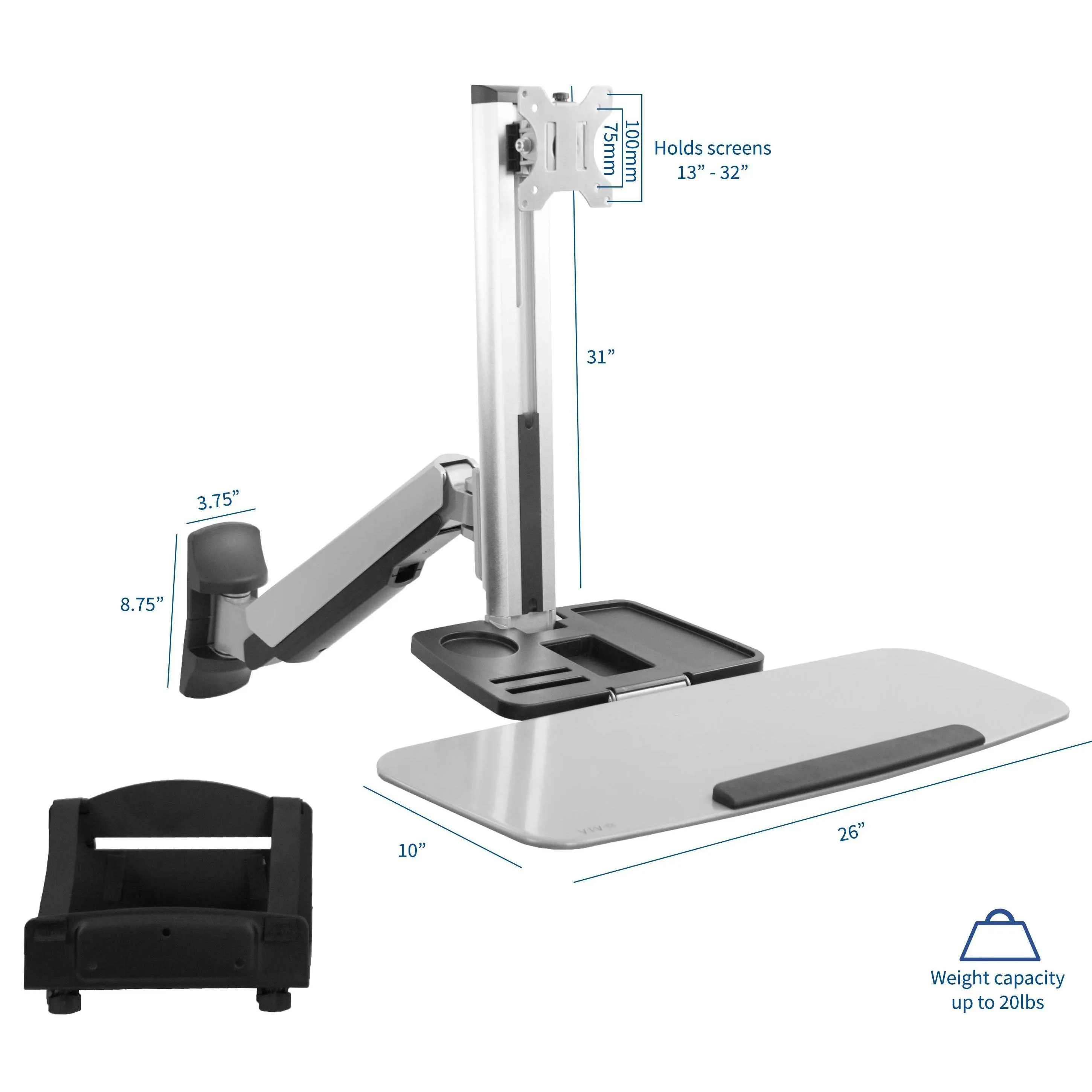 VIVO Silver Sit-to-Stand Single Monitor Wall Mount Workstation, STAND-SIT1W